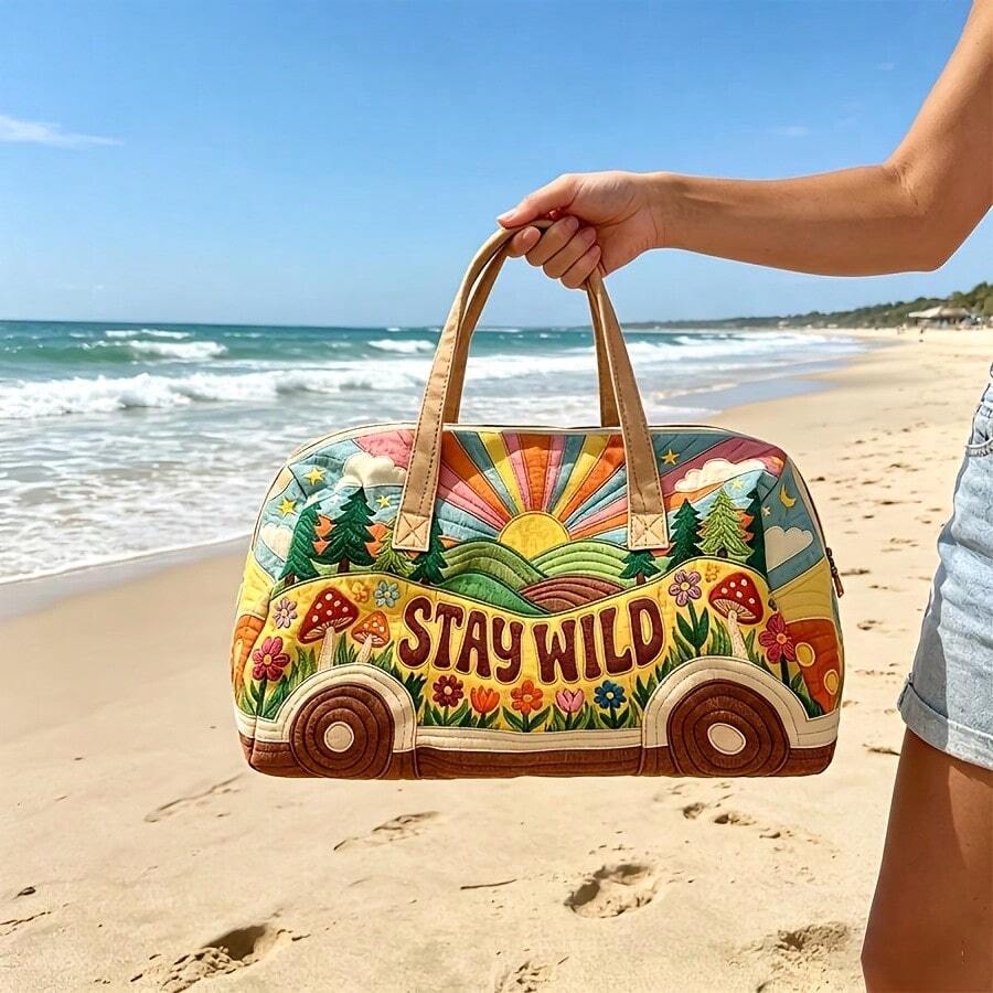 Women Boho Vintage Bus Print Weekender Bag,STAY WILD Slogan Large Capacity Duffel Tote,Colorful Bohemian Travel Bag For Gym Short Trip Overnight