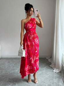 Vestido con estampado floral, cintura plisada, hombro asimétrico y recorte, elegante para mujer, Verano 2025 - Rojo - Ver 3