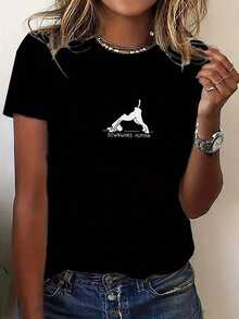 Camiseta de manga corta para mujer, moderna, creativa y divertida | Lindo diseño de perro en blanco y negro, cómoda y transpirable, cuello redondo, ideal para salidas informales, fiestas y uso diario, para todas las estaciones, elasticidad media, disponible en múltiples colores y tallas. Camiseta de manga corta con estampado gráfico informal de verano para mujer, cuello redondo, suave y transpirable, para uso diario en la calle. - Negro - Ver 1