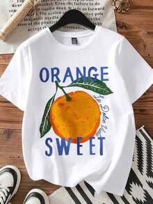 Casual Orange T-Shirt With Sweet Fruit Print, Women's Summer Casual Top, 220g, 100% Cotton, Durable - 白色 - 查看 3