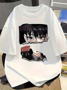 Modern Minimalist Black T-Shirt For Men And Women With Retro Anime Wife Design, Breathable And Relaxed Fashion Top, Anime And Urban Style From The 000s, Sizes S-XL, Casual Everyday - 白色 - 查看 7