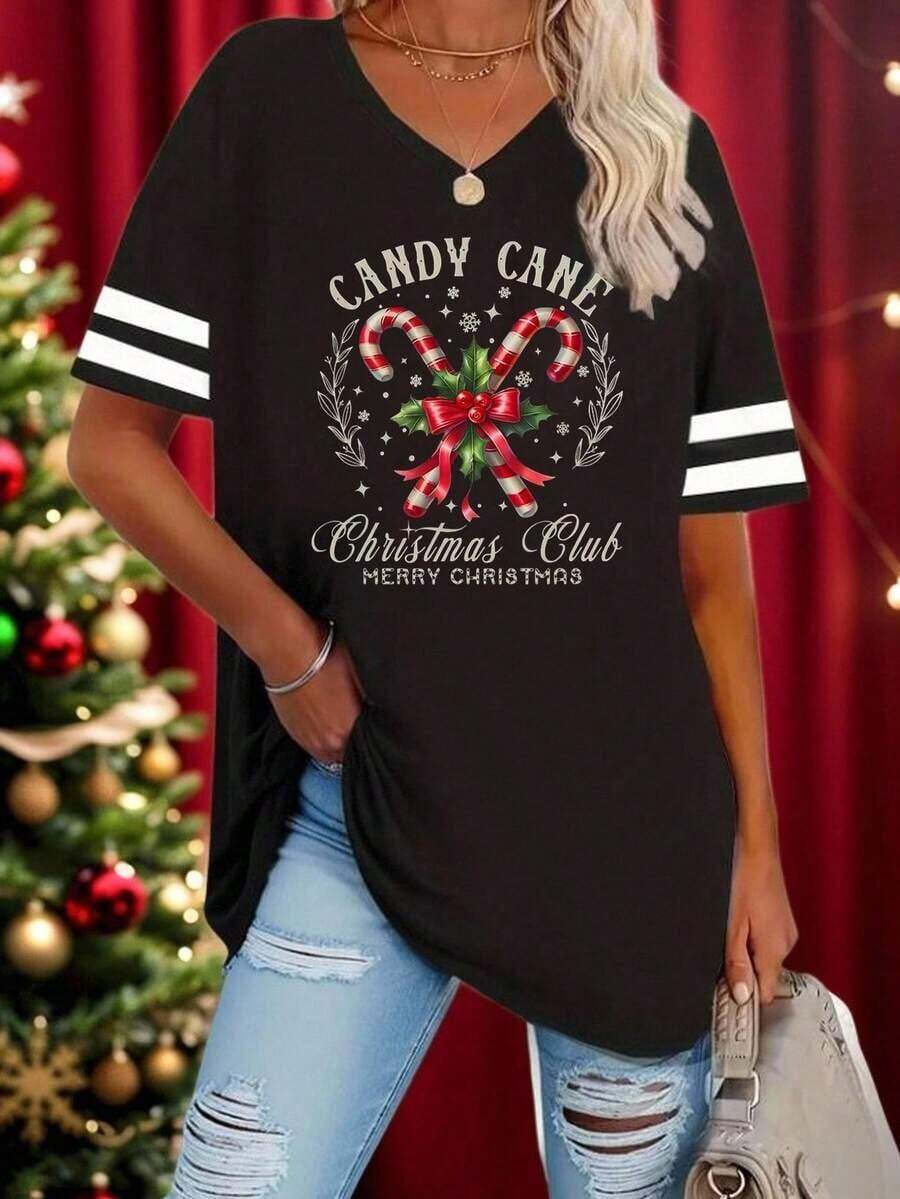 Camiseta de manga corta con cuello en V amplio y estampado de eslogan, adecuada para primavera y verano, ropa de mujer, camisetas gráficas, tops de mujer, estilo casual. - Negro 2 - Ver 1