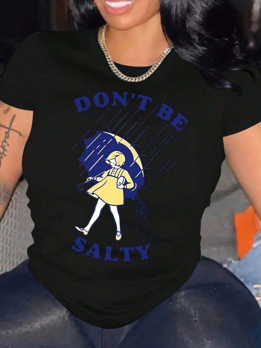 Women's Short Sleeve T-Shirt, 100% Cotton, DON'T BE SALTY, 220g Heavyweight Cotton T-Shirt For Women, Christmas (1 Piece) Leisure - 黑色 - 查看 1