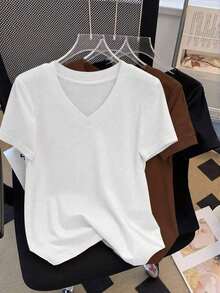 Camiseta casual versátil de manga corta y cuello en V de unicolor para mujer de talla grande - Multicolor 3 - Ver 7