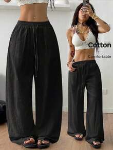 Women's 100% Cotton Washed White Trousers With A Curved Hem, Minimalist Basic Style, Perfect For Summer Country Concerts, Going Out, The Beach, And Bohemian Vacations. Women's Clothing For Autumn. - 黑色 - 查看 12