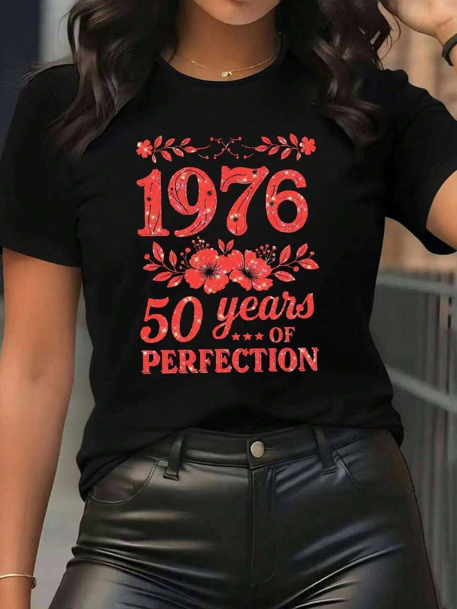 Women's Vintage T-Shirt 1976 Anniversary - White And Red Floral Retro Graphic Tee - Soft Casual Crew Neck T-Shirt - Machine Washable Top, Birthday Wedding Gift - Women's Everyday Spring/Summer Clothing, Ladies' T-Shirts, Comfortable Fit - 黑色 - 查看 1