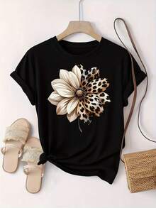 [Women's Loose Fit T-Shirt] Soft And Breathable Women's Loose Fit T-Shirt, Short Sleeve In Peach Color, Round Neck, Casual And Party Design With Floral And Leopard Print Stripes - Machine Washable, Women's Clothing For All Seasons - 黑色 - 查看 1