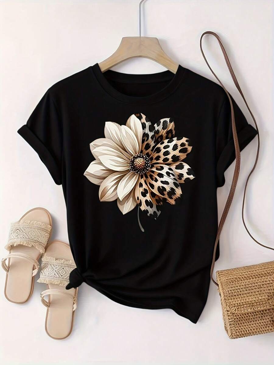 [Women's Loose Fit T-Shirt] Soft And Breathable Women's Loose Fit T-Shirt, Short Sleeve In Peach Color, Round Neck, Casual And Party Design With Floral And Leopard Print Stripes - Machine Washable, Women's Clothing For All Seasons - 黑色 - 查看 1