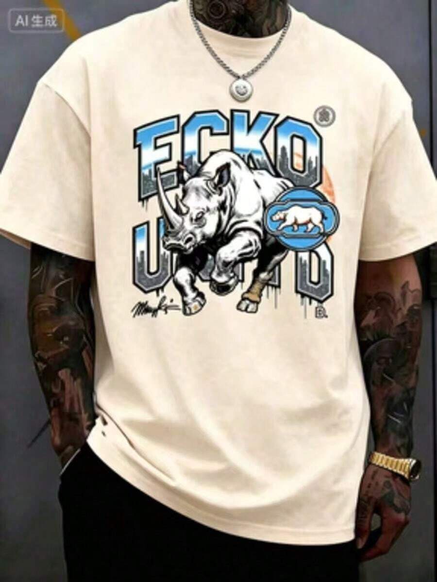 The Iconic ECKO Unltd Graphic Features A Bold Rhino Emblem With Urban Camouflage Lettering Symbolizing Strength Individuality Urban Culture 220g - 杏色2 - 查看 1