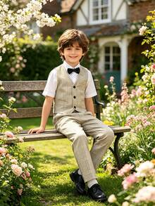 New Boys' Suit Tuxedo, Host Piano Formal Wear, Wedding Flower Boy Outfit, Striped Boys' Tuxedo, Wedding Flower Boy F Tuxedo 3 Pieces Set, Vest + Pants + Bow Tie Set - Khaki - View 8