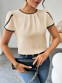 Camisa elegante de manga corta con cuello redondo y bloques de color con borde contrastante, ideal para el verano - Albaricoque - Ver 7