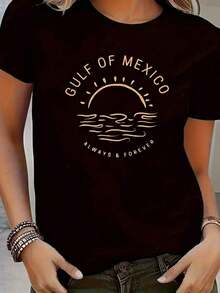 Women's Casual Short-Sleeve Sports T-Shirt - White With Gold Geometric Print, Crew Neck, Machine Washable, Regular Fit For Versatile Use In All Seasons, Urban Style Clothing, Mexican Wave Design, Comfortable Fabric | Relaxed Fit | Plus Size Blouses For Women - 黑色 - 查看 8