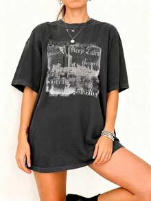 Camiseta de mujer de manga corta, de corte holgado, con cuello redondo y estampado de eslogan, nueva para el verano. Prenda de vestir de moda para uso diario, adecuada para ocasiones casuales y de vacaciones. - Gris Oscuro - Ver 9