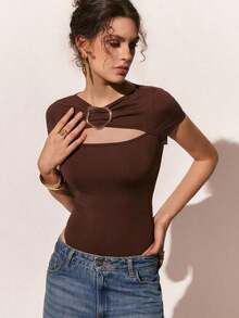 de unicolor minimalista para mujer con recortes para uso diario - Marrón - Ver 8