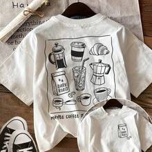 [Front And Back Images] Spring/Summer T-Shirt, Hand-Drawn Style, Coffee And Bread, Maybe Coffee, Casual, Loose Fit, Round Neck, Short Sleeve, Printed, Women's T-Shirt - 白色 - 查看 6