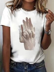 Short-Sleeved Shirt With Artistic Print, Casual Short-Sleeved Round Neck T-Shirt, Women's Clothing - 白色 - 查看 6
