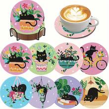 8件套黑猫钻石画杯垫套装，圆形亮面钻石，粘性强，工具齐全，适合初学者，减压手工，新年、情人节、圣诞节、教师节礼物，家居装饰杯垫，送给家人、朋友、女朋友、老师 - 彩色 - 查看 2