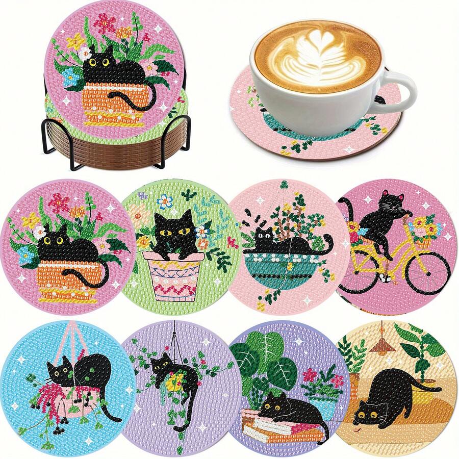 8件套黑猫钻石画杯垫套装，圆形亮面钻石，粘性强，工具齐全，适合初学者，减压手工，新年、情人节、圣诞节、教师节礼物，家居装饰杯垫，送给家人、朋友、女朋友、老师