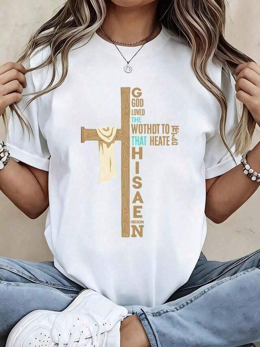 Graphic1Pcs,2026, White T-Shirt With Religious Cross, Message Of Faith, Design With Bible Verse 'He Loved The World And Gave His One Son', For Church Worship And Everyday Wear, Summer Tops, 100% Cotton Women's Clothing, Summer Tops, Women's Beachwear, T-Shirt - 白色 - 查看 1