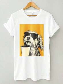 T-Shirt With Graphic Of A Dog Wearing Sunglasses, Funny Dog T-Shirt, Dog With Coffee T-Shirt, Illustration Of A Dog With A Drink, Coffee Lovers, Dog Lovers, 100% Cotton - 白色 - 查看 2