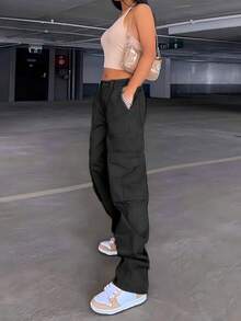 Women's Straight Leg Cargo Pants With Multiple Pockets, High-Waisted, Slim And Loose Jeans - 黑色 - 查看 2