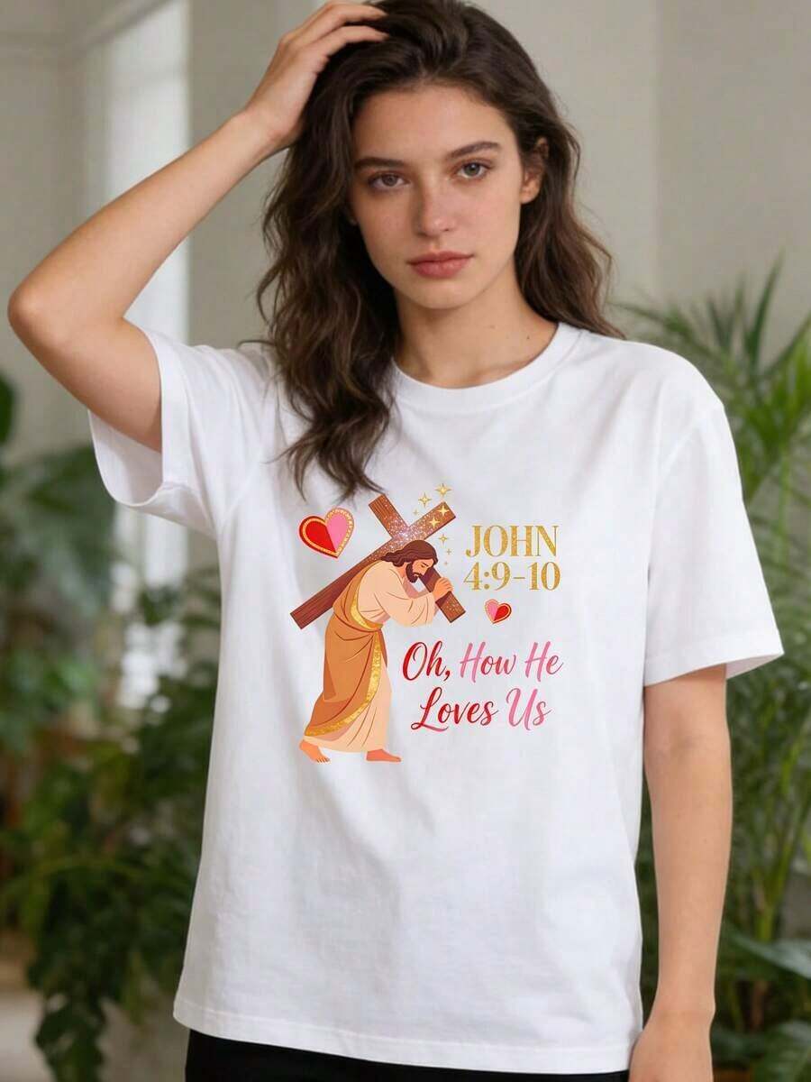 1 Piece Of Pure Cotton Women's T-Shirt With Jesus Print, Casual Summer Round Neck T-Shirt, Everyday Wear T-Shirt For Women, Available In White/Black/Pink/Grey, 180g, 100% Cotton. - 白色 - 查看 1
