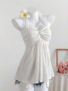 Top de tirantes con estampado de lunares marrones y detalle de nudo en la espalda para mujer, adecuado para verano, vacaciones de primavera, ceremonia de graduación, fiesta de boda, vacaciones elegantes, playa casual, estilo Y2K lindo y sexy y - Blanco - Ver 5