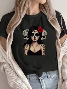Women's T-Shirt: Casual 's T-Shirt, Decorated With A Sugar Skull Design, Comfortable And Stylish, Suitable For Halloween Parties, Day Of The Dead Celebrations, And Everyday Wear. Women's T-Shirts. - 黑色 - 查看 7
