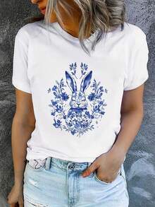 1 pieza de camiseta de verano para mujer, de manga corta y estampada, moderna y casual, lavable a máquina, ajuste cómodo, estampado plano 2D, 180g, 100% algodón. - Blanco_03 - Ver 7