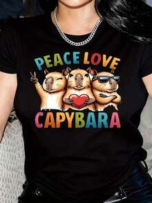 New Arrivals For Summer. Women's Peace And Love Capybara Graphic T-Shirt - Soft And Stretchy Casual Crew Neck Tee With Cartoon Capybaras, Vibrant Colors, All-Season Comfort, Perfect Gift For Parties And Casual Wear, Festive Clothing, Fun Design, Comfortable Fit. - 黑色 - 查看 6
