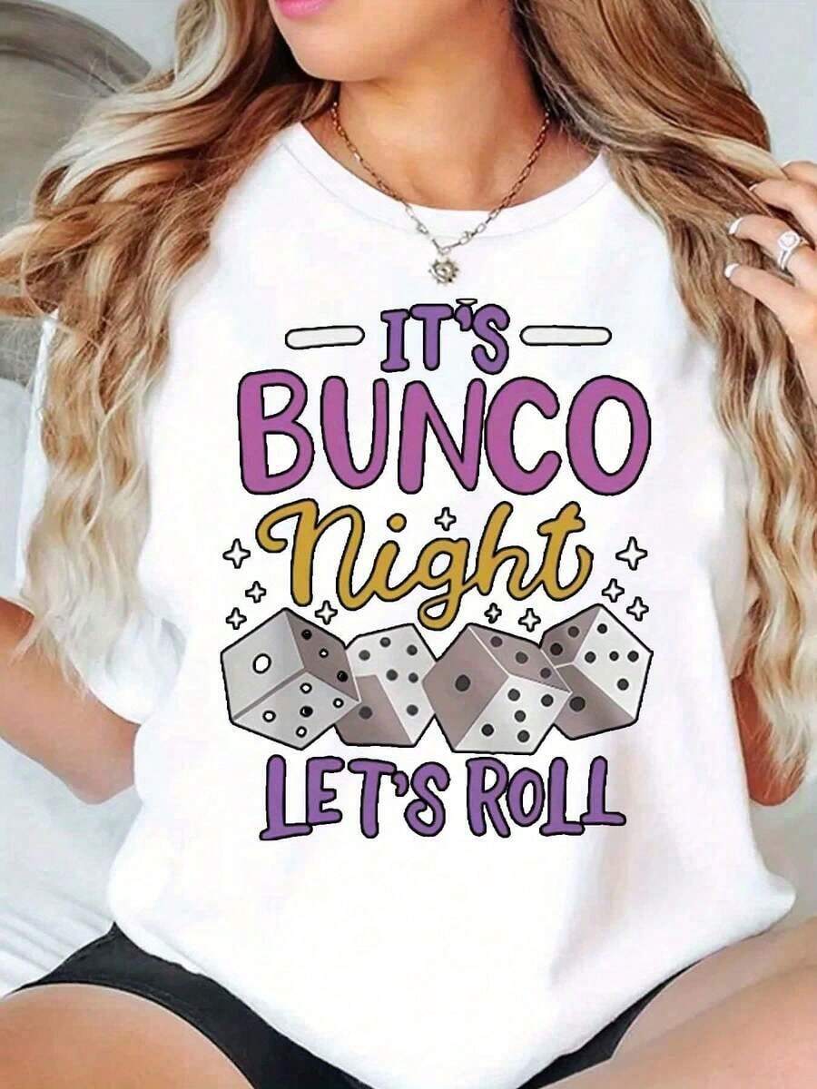 New Arrivals For Summer. Women's Crew Neck T-Shirt With A "It's Bunco Night Let's Roll Dice" Graphic Print For Game Night And Casual Wear. Blouse/Shirt > Beautiful. - 白色 - 查看 1