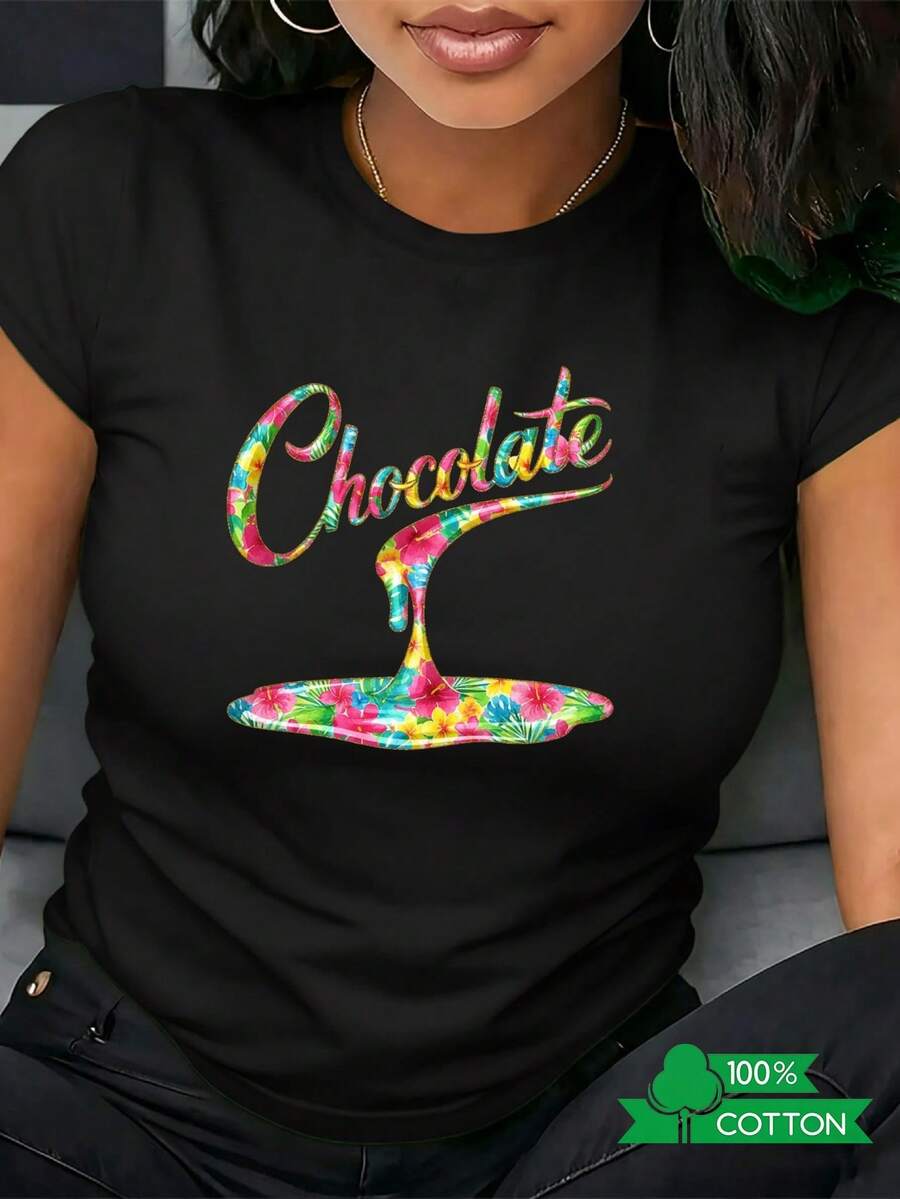 Morbida Women's T-Shirt, Round Neck, 100% Cotton, Fashionable Letter/Anime/Floral Print, Simple Design, Comfortable, Breathable, Everyday, Party, Summer, Estiva Casual - 黑色 - 查看 1