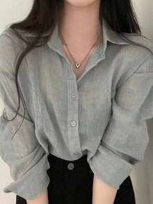 Women's Wrinkled Long Sleeve Blouses Loose Shirt With Sun Protection - 灰色 - 查看 7