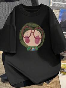T-Shirt With Hand-Drawn Girl Illustration, Short Sleeves, Literary Style, Unisex Top For Travelers - 黑色 - 查看 11