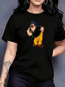 Women's Round Neck T-Shirt With Leopard Print And Cartoon Character, New Plus Size Round Neck T-Shirt, Y2K Casual Style For Women's Summer And Spring Clothing, Ideal For Playing And Daily Wear, Comfortable Fit, Soft And Breathable Garment, Versatile Round Neck. - 黑色 - 查看 8