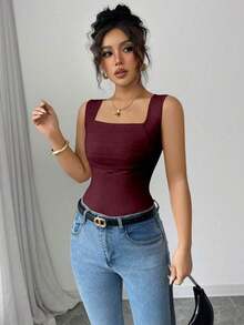 Camiseta sin mangas de verano ajustada de cuello cuadrado de unicolor elegante y casual para mujer - Burdeos - Ver 5