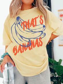 Banana Shirt, Funny Fruit T-Shirt, Food Pun T-Shirt, Fashionable Casual T-Shirt With Creative Print For Women, Short Sleeve, Round Neck, For Spring And Summer, Festive Celebration Shirt, Party Wear Top - 彩色 - 查看 1