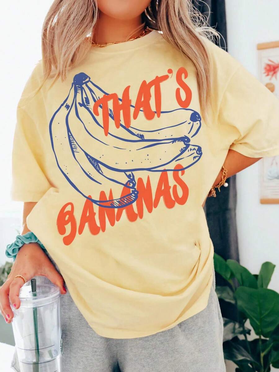 Banana Shirt, Funny Fruit T-Shirt, Food Pun T-Shirt, Fashionable Casual T-Shirt With Creative Print For Women, Short Sleeve, Round Neck, For Spring And Summer, Festive Celebration Shirt, Party Wear Top - 彩色 - 查看 1
