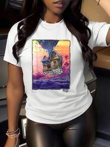 Casa flotando entre nubes y globos de colores simbolizando libertad y sueños que se elevan hacia el cielo al atardecer camiseta de mujer  cómoda y casual para el día a día - Blanco - Ver 2