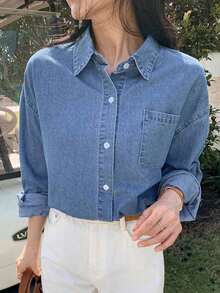 Blusa vaquera holgada y casual, chaqueta vaquera, ropa de mujer de manga larga para otoño - Lavado ligero - Ver 6