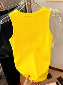 Camiseta de tirantes casual y versátil con cuello redondo y ribete acanalado a rayas para mujer - Amarillo - Ver 2