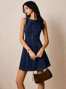 Vestido de mezclilla sin mangas con cuello redondo, espalda descubierta y atar atrás, para mujer en verano - Azul lavado oscuro - Ver 6