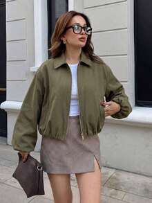 Chaqueta con bolsillo con cremallera de lunares rosas para mujer - Abrigo casual suelto con solapa para primavera/otoño - Verde militar - Ver 2