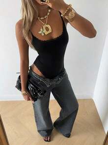 Body de encaje con parches, versátil para uso diario casual de mujer - Negro 2 - Ver 6