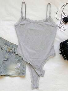Body Con Tirantes Finos Y Ribete De Encaje Para Mujer - Gris Claro - Ver 4