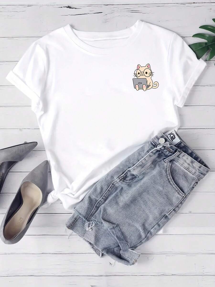 Nerd Neko: Camiseta con gato lindo trabajando en una laptop[COD] - Blanco - Ver 1