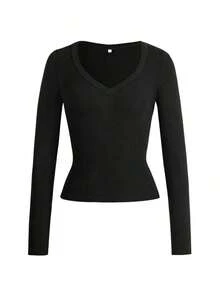 Women's Fitted And Sexy Knit Top, Long Sleeve, V-Neck, Solid Color, Casual Spring T-Shirt, White. - 黑色 - 查看 3
