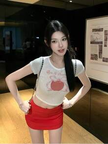 Dopamine Graphic Print Cropped Apple Short Sleeve T-Shirt, Fitted Midriff-Baring Top For Summer White - White - View 2