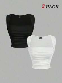 Top tank unicolor fruncido - Blanco y Negro - Ver 3