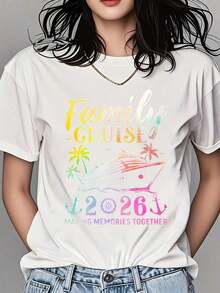 1 Piece Women's Round Neck T-Shirt With "Family Cruise 2026 Making Memories Together" Print, Short Sleeve, For Summer Vacation, Travel, Beach And Parties, 180g, 100% Cotton. - 白色 - 查看 1